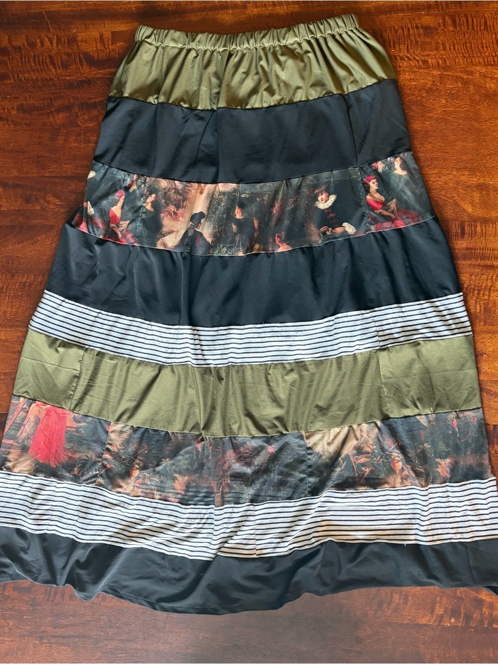 Handmade Upcycled Striped & Printed Mesh
Tiered Maxi Skirt Women's Size Medium